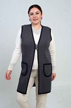 Kadın Önü 3 Düğmeli Cepli Mini Üçgen Desen Büyük Beden Uzun Triko Yelek