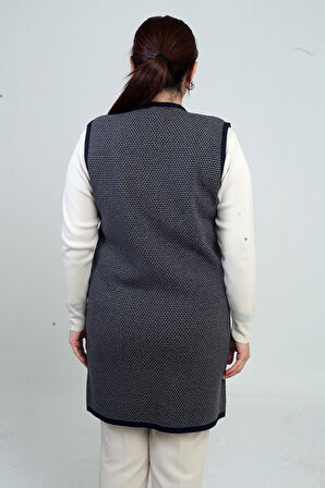 Kadın Önü 3 Düğmeli Cepli Mini Üçgen Desen Büyük Beden Uzun Triko Yelek