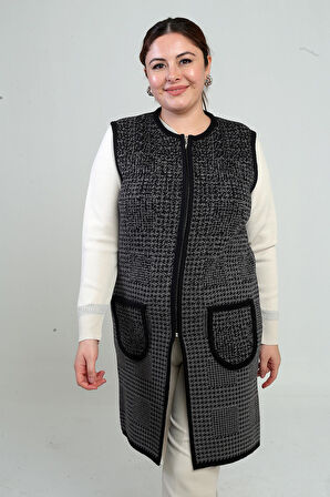 Kadın Önü Fermuarlı Kazayağı Desen Büyük Beden Cepli Triko Uzuın Yelek