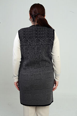 Kadın Önü Fermuarlı Kazayağı Desen Büyük Beden Cepli Triko Uzuın Yelek