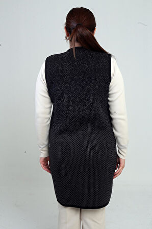 Kadın Önü 3 Düğmeli Mini Artı Desen Büyük Beden Cepli Triko Uzun Yelek