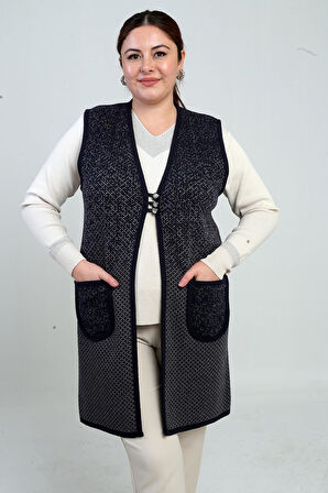 Kadın Önü 3 Düğmeli Mini Artı Desen Büyük Beden Cepli Triko Uzun Yelek