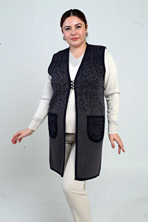 Kadın Önü 3 Düğmeli Mini Artı Desen Büyük Beden Cepli Triko Uzun Yelek