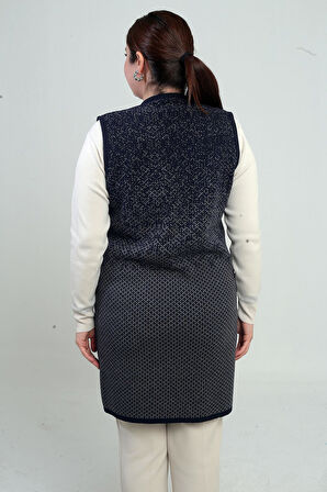 Kadın Önü 3 Düğmeli Mini Artı Desen Büyük Beden Cepli Triko Uzun Yelek