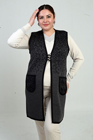 Kadın Önü 3 Düğmeli Mini Artı Desen Büyük Beden Cepli Triko Uzun Yelek