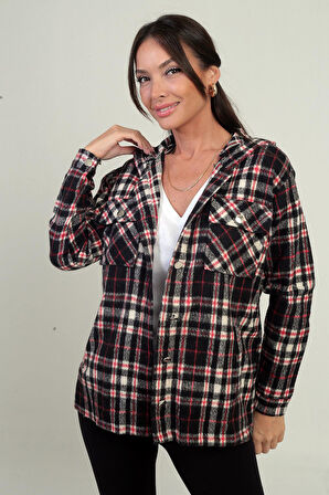 Kadın Kapüşonlu Ekose Desenli Metal Düğmeli Cepli Gömlek