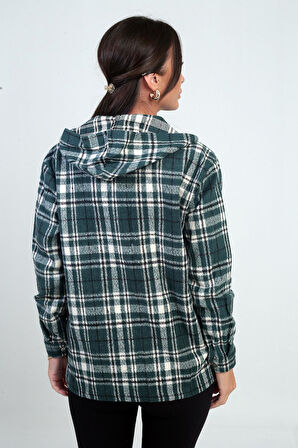 Kadın Kapüşonlu Ekose Desenli Metal Düğmeli Cepli Gömlek