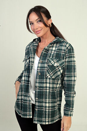 Kadın Kapüşonlu Ekose Desenli Metal Düğmeli Cepli Gömlek