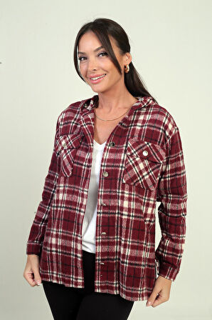 Kadın Kapüşonlu Ekose Desenli Metal Düğmeli Cepli Gömlek