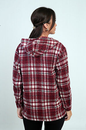 Kadın Kapüşonlu Ekose Desenli Metal Düğmeli Cepli Gömlek