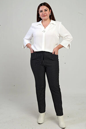 Kadın Boyuna Çizgili Cepli Büyük Beden Scuba Pantolon