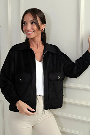 Kadın Torba Cepli Önü Fermuarlı Süet Mont