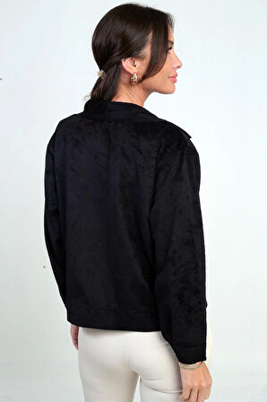 Kadın Torba Cepli Önü Fermuarlı Süet Mont