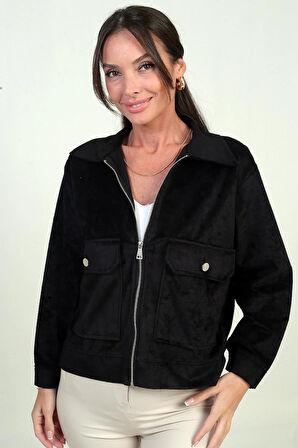 Kadın Torba Cepli Önü Fermuarlı Süet Mont