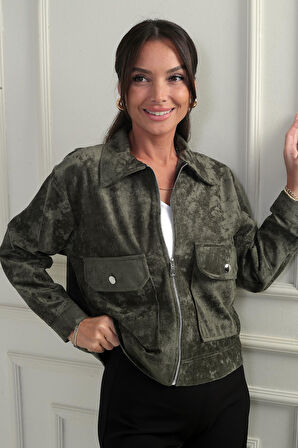 Kadın Torba Cepli Önü Fermuarlı Süet Mont