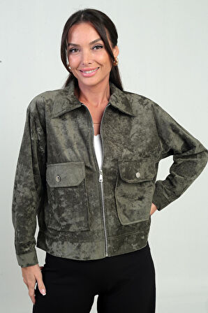 Kadın Torba Cepli Önü Fermuarlı Süet Mont