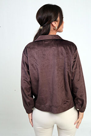 Kadın Torba Cepli Önü Fermuarlı Süet Mont