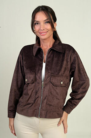 Kadın Torba Cepli Önü Fermuarlı Süet Mont