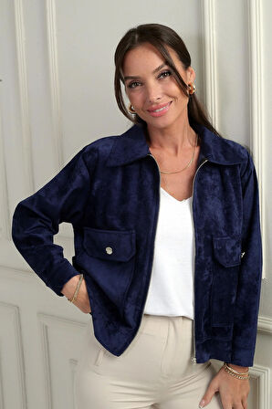 Kadın Torba Cepli Önü Fermuarlı Süet Mont