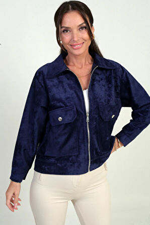 Kadın Torba Cepli Önü Fermuarlı Süet Mont