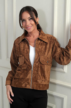 Kadın Torba Cepli Önü Fermuarlı Süet Mont