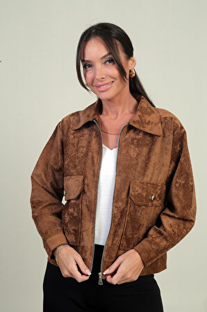 Kadın Torba Cepli Önü Fermuarlı Süet Mont