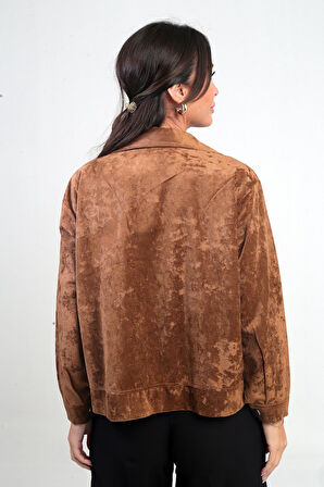 Kadın Torba Cepli Önü Fermuarlı Süet Mont