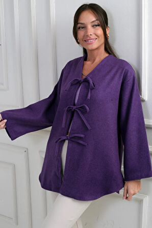 Kadın Önü Bağcıklı 3 İplik Kaşe Hırka