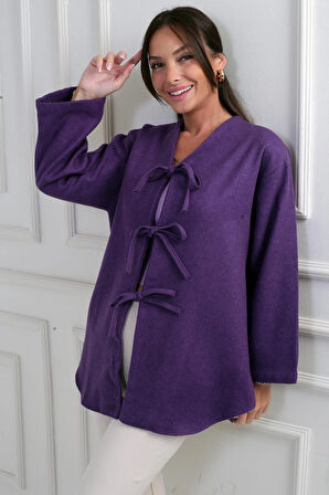 Kadın Önü Bağcıklı 3 İplik Kaşe Hırka