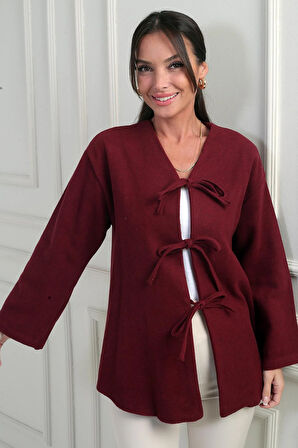 Kadın Önü Bağcıklı 3 İplik Kaşe Hırka