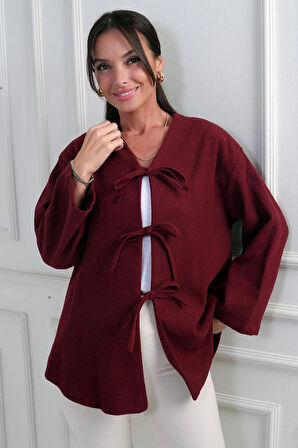 Kadın Önü Bağcıklı 3 İplik Kaşe Hırka