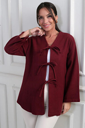 Kadın Önü Bağcıklı 3 İplik Kaşe Hırka