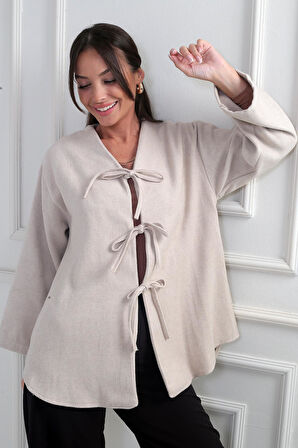 Kadın Önü Bağcıklı 3 İplik Kaşe Hırka