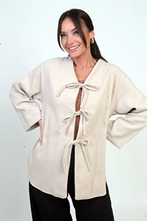 Kadın Önü Bağcıklı 3 İplik Kaşe Hırka