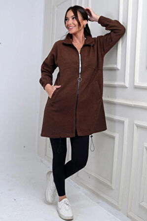 Kadın Önü Fermuarlı Altı Lastikli Cepli Uzun Kaşe Mont