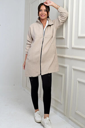 Kadın Önü Fermuarlı Altı Lastikli Cepli Uzun Kaşe Mont