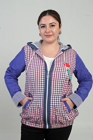 Kadın Kapüşonlu Önü Fermuarlı Cepli File Detaylı Kareli Büyük Beden Mont