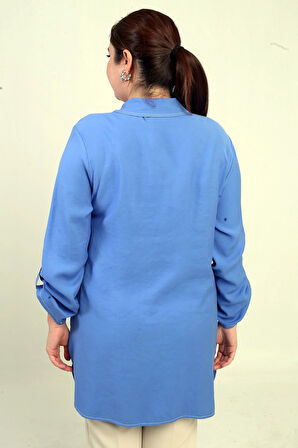 Kadın Kuş Gözlü Fileli Kol Katlamalı Büyük Beden Uzun Gömlek