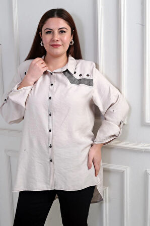 Kadın Kuş Gözlü Fileli Kol Katlamalı Büyük Beden Uzun Gömlek