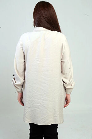 Kadın Kuş Gözlü Fileli Kol Katlamalı Büyük Beden Uzun Gömlek