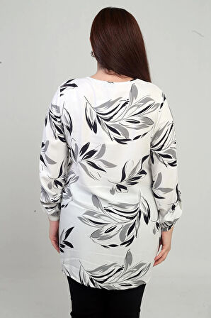 Kadın Sıfır Yaka Büyük Yapraklı Kol Katlamalı Büyük Beden Patlı Uzun Gömlek