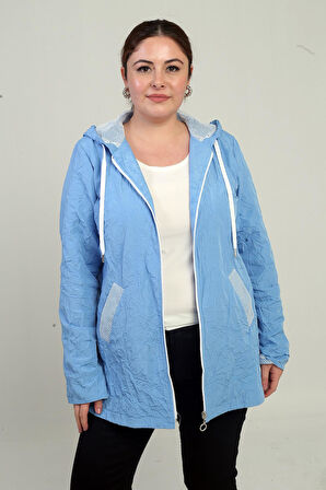 Kadın Kapüşonlu File Detaylı Astarlı Önü Fermuarlı Cepli Büyük Beden Yağmurluk