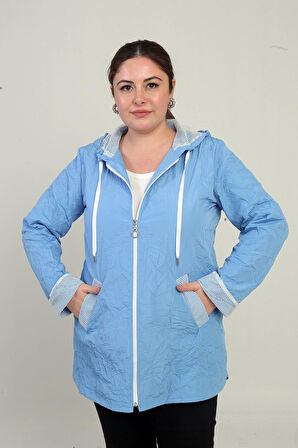 Kadın Kapüşonlu File Detaylı Astarlı Önü Fermuarlı Cepli Büyük Beden Yağmurluk