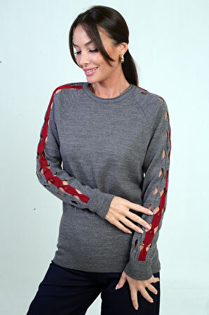 Kadın Kolu Şerit Dekolteli Triko Bluz