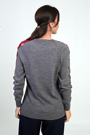 Kadın Kolu Şerit Dekolteli Triko Bluz