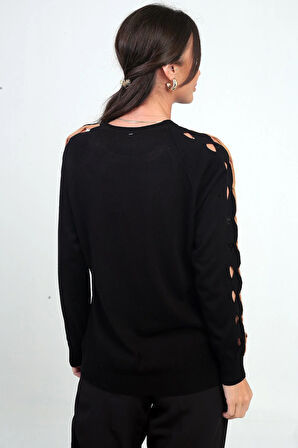 Kadın Kolu Şerit Dekolteli Triko Bluz