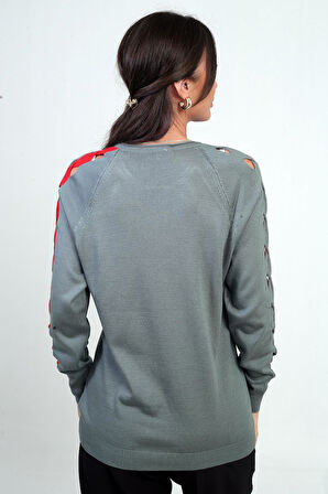 Kadın Kolu Şerit Dekolteli Triko Bluz