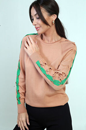 Kadın Kolu Şerit Dekolteli Triko Bluz