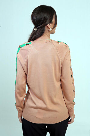 Kadın Kolu Şerit Dekolteli Triko Bluz