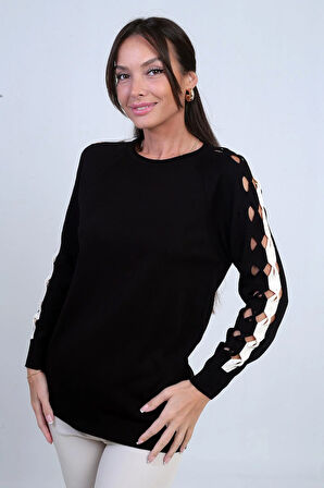 Kadın Kolu Şerit Dekolteli Triko Bluz